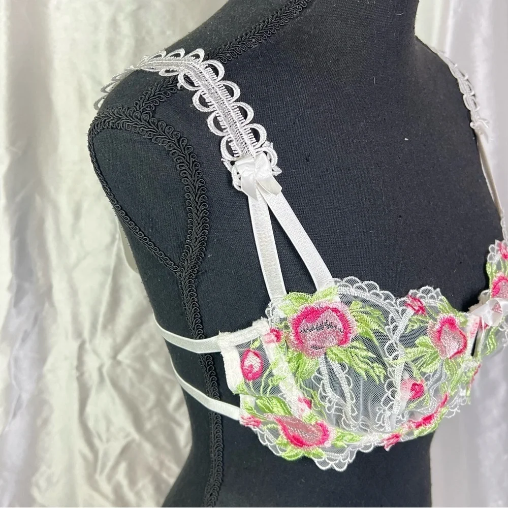 Romantic Sheer White Floral Lace Bra – XS/S – Cottagecore Lingerie